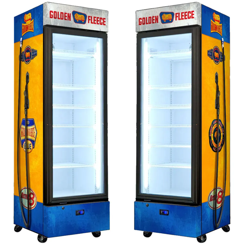 Golden Fleece Fuel Pump Branded Upright Quiet Running Black Glass Door Bar Fridge - Model SC372-FP-Fleece